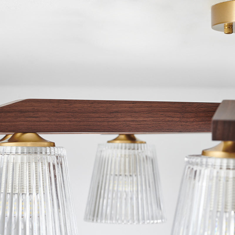 Contemporary Retro Cup Walnut Wood Copper Glass 5/6/8/10-Light Semi-Flush Mount Ceiling Light For Bedroom
