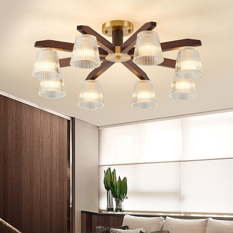 Contemporary Retro Cup Walnut Wood Copper Glass 5/6/8/10-Light Semi-Flush Mount Ceiling Light For Bedroom