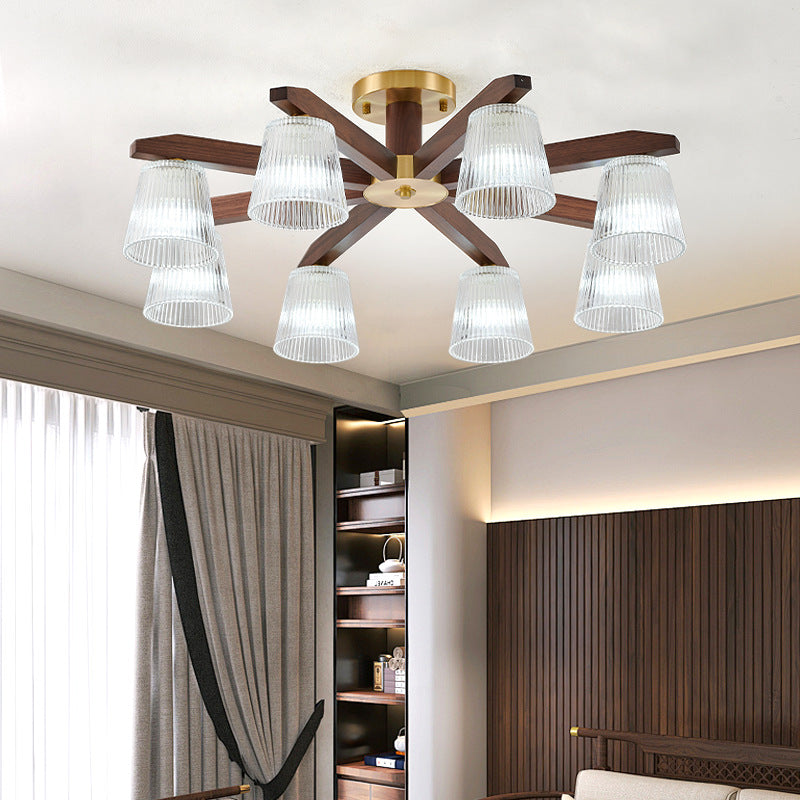 Contemporary Retro Cup Walnut Wood Copper Glass 5/6/8/10-Light Semi-Flush Mount Ceiling Light For Bedroom