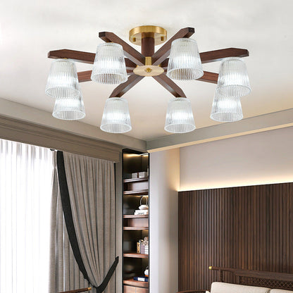 Contemporary Retro Cup Walnut Wood Copper Glass 5/6/8/10-Light Semi-Flush Mount Ceiling Light For Bedroom