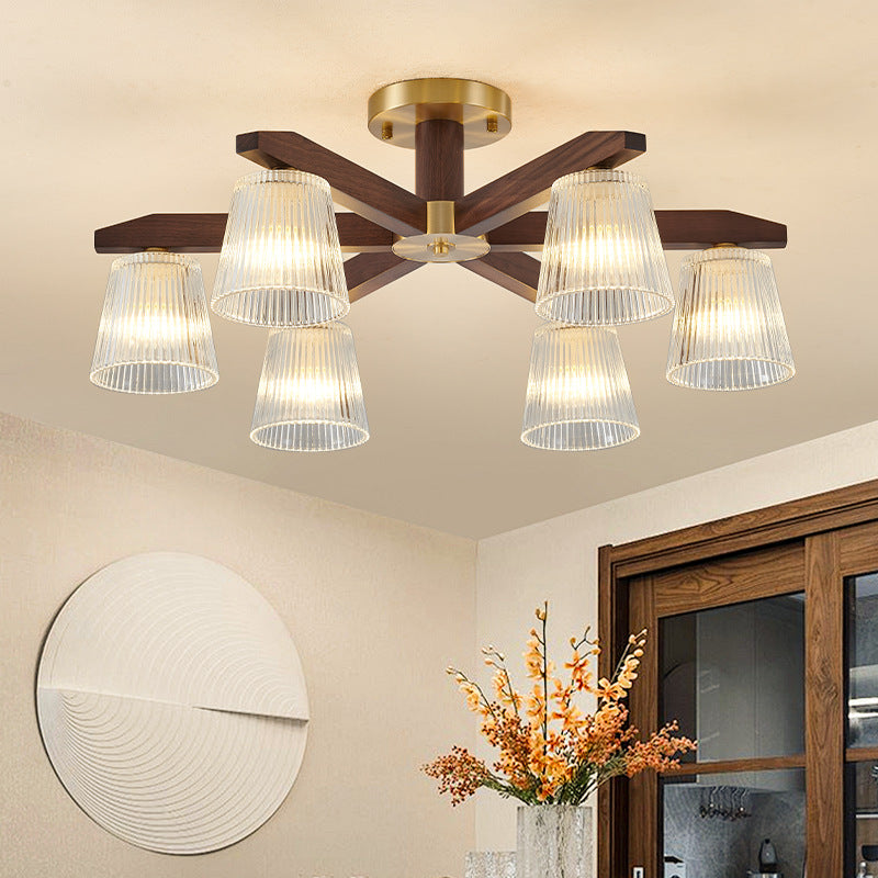 Contemporary Retro Cup Walnut Wood Copper Glass 5/6/8/10-Light Semi-Flush Mount Ceiling Light For Bedroom