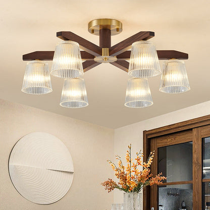 Contemporary Retro Cup Walnut Wood Copper Glass 5/6/8/10-Light Semi-Flush Mount Ceiling Light For Bedroom