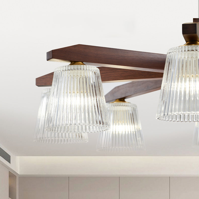 Contemporary Retro Cup Walnut Wood Copper Glass 5/6/8/10-Light Semi-Flush Mount Ceiling Light For Bedroom