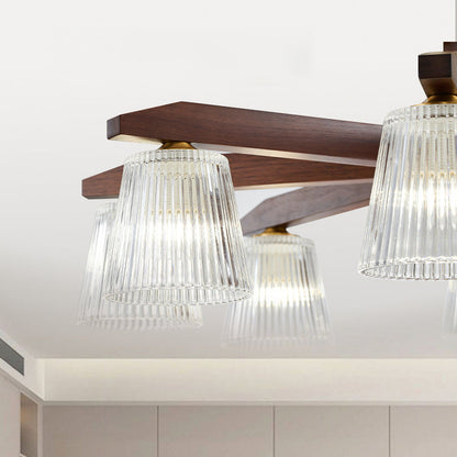 Contemporary Retro Cup Walnut Wood Copper Glass 5/6/8/10-Light Semi-Flush Mount Ceiling Light For Bedroom