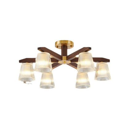 Contemporary Retro Cup Walnut Wood Copper Glass 5/6/8/10-Light Semi-Flush Mount Ceiling Light For Bedroom