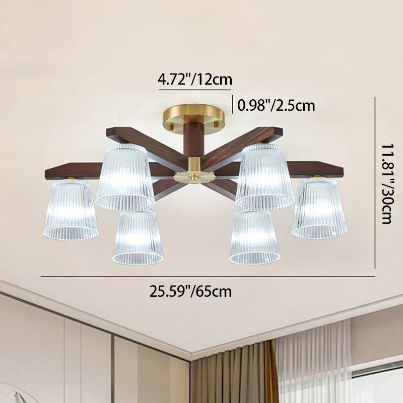 Contemporary Retro Cup Walnut Wood Copper Glass 5/6/8/10-Light Semi-Flush Mount Ceiling Light For Bedroom