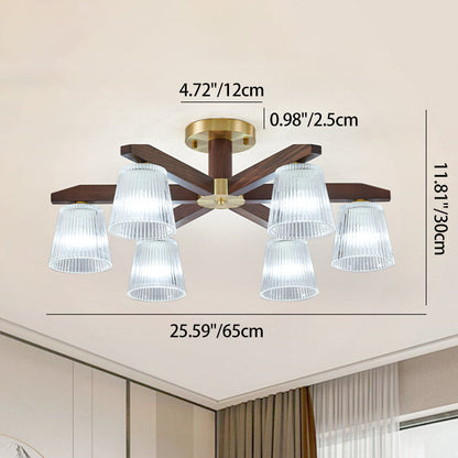 Contemporary Retro Cup Walnut Wood Copper Glass 5/6/8/10-Light Semi-Flush Mount Ceiling Light For Bedroom