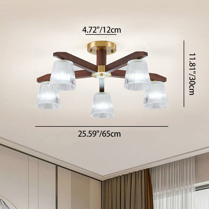 Contemporary Retro Cup Walnut Wood Copper Glass 5/6/8/10-Light Semi-Flush Mount Ceiling Light For Bedroom