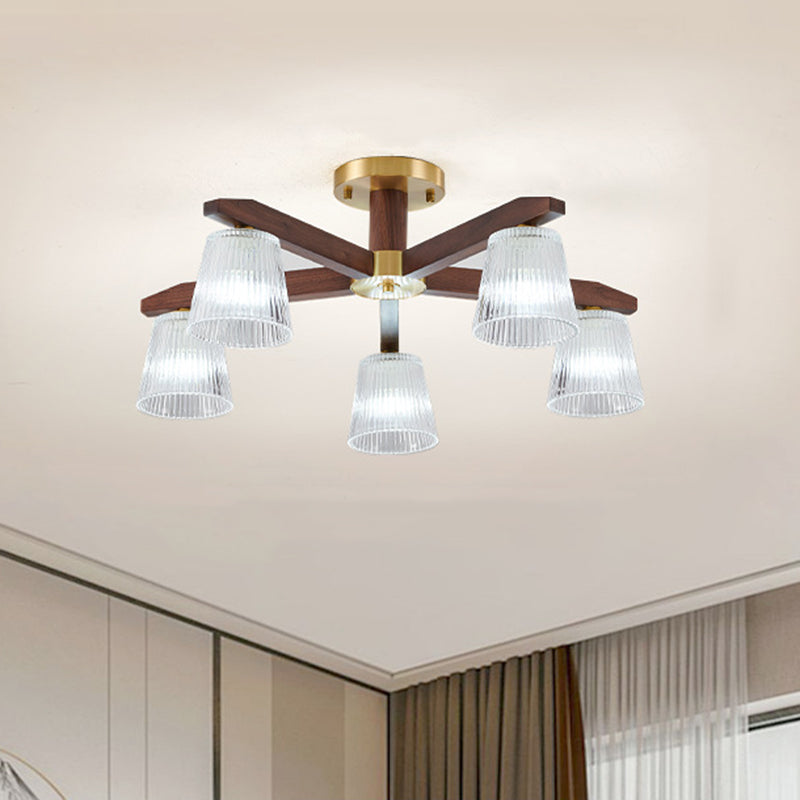 Contemporary Retro Cup Walnut Wood Copper Glass 5/6/8/10-Light Semi-Flush Mount Ceiling Light For Bedroom