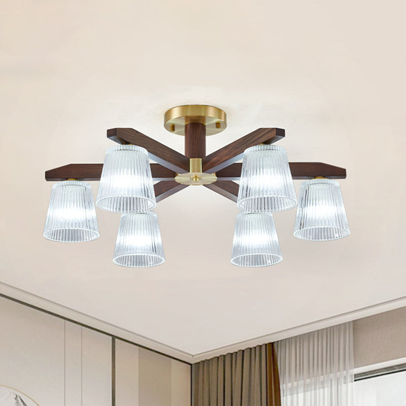 Contemporary Retro Cup Walnut Wood Copper Glass 5/6/8/10-Light Semi-Flush Mount Ceiling Light For Bedroom