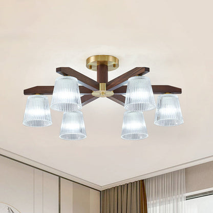 Contemporary Retro Cup Walnut Wood Copper Glass 5/6/8/10-Light Semi-Flush Mount Ceiling Light For Bedroom