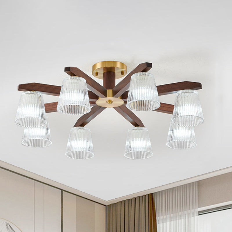 Contemporary Retro Cup Walnut Wood Copper Glass 5/6/8/10-Light Semi-Flush Mount Ceiling Light For Bedroom