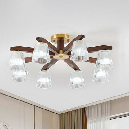 Contemporary Retro Cup Walnut Wood Copper Glass 5/6/8/10-Light Semi-Flush Mount Ceiling Light For Bedroom