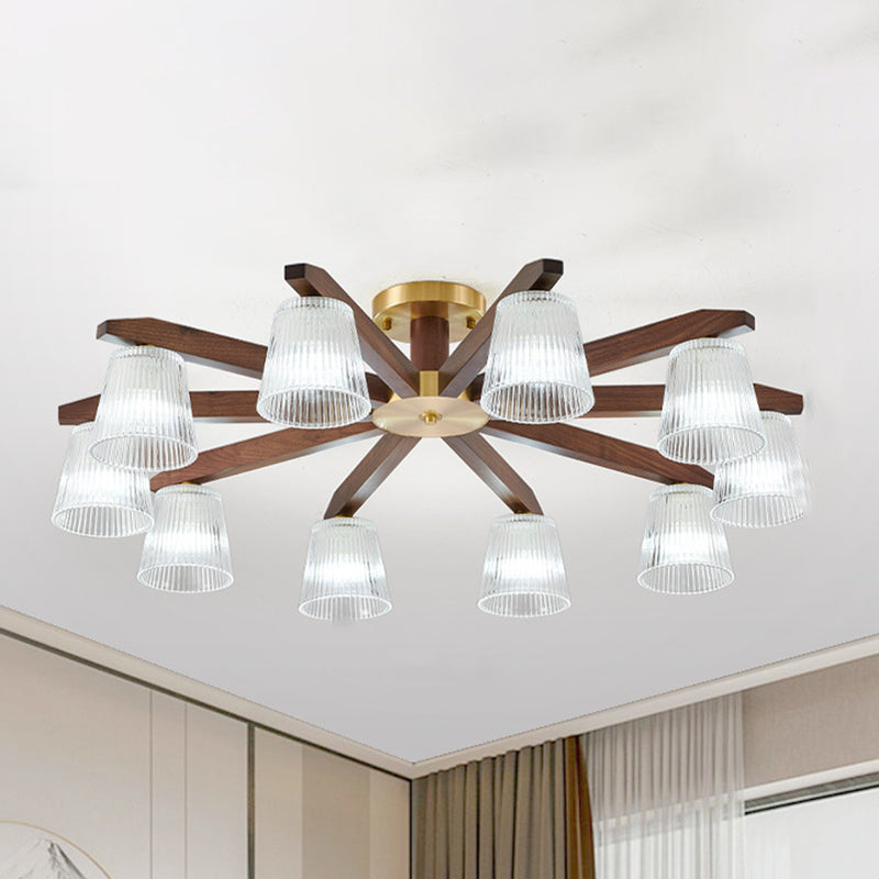 Contemporary Retro Cup Walnut Wood Copper Glass 5/6/8/10-Light Semi-Flush Mount Ceiling Light For Bedroom