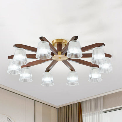 Contemporary Retro Cup Walnut Wood Copper Glass 5/6/8/10-Light Semi-Flush Mount Ceiling Light For Bedroom