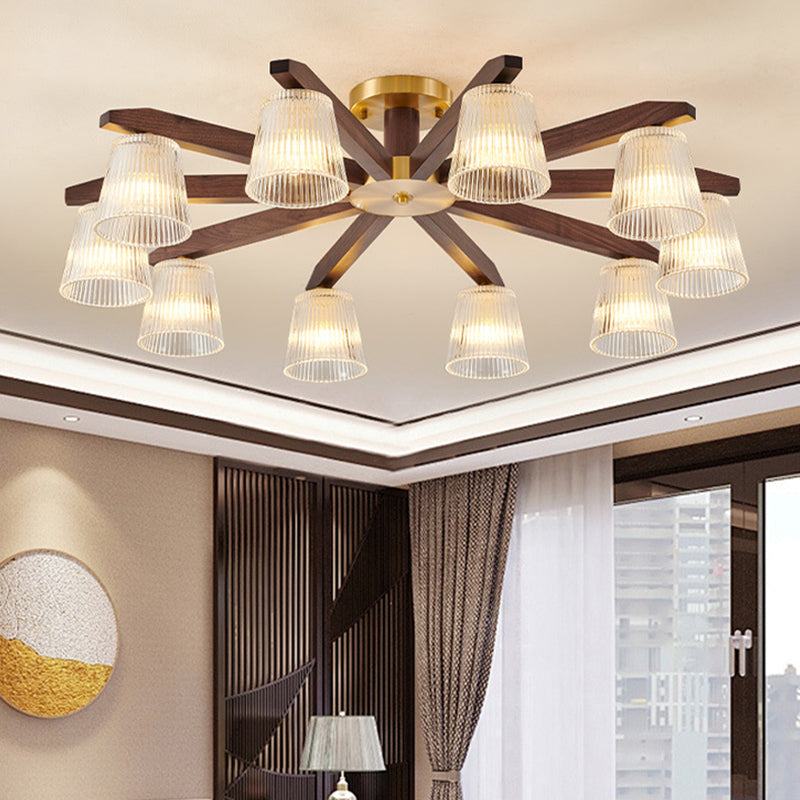 Contemporary Retro Cup Walnut Wood Copper Glass 5/6/8/10-Light Semi-Flush Mount Ceiling Light For Bedroom