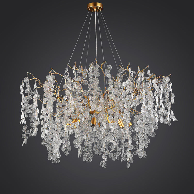 Contemporary Luxury Round Leaves Branches Aluminum Crystal 9/10/12/14-Light Chandelier For Living Room