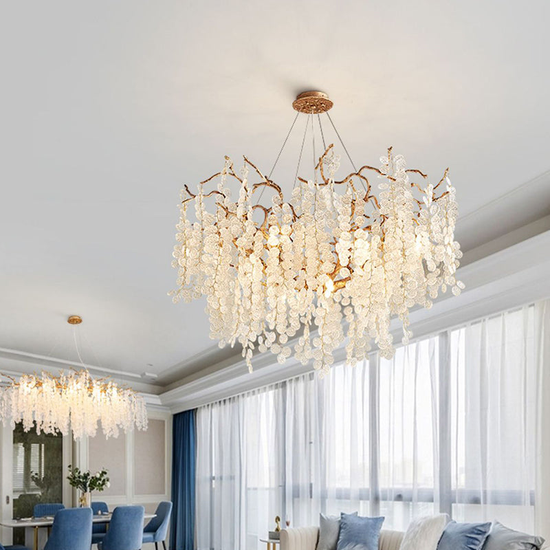 Contemporary Luxury Round Leaves Branches Aluminum Crystal 9/10/12/14-Light Chandelier For Living Room