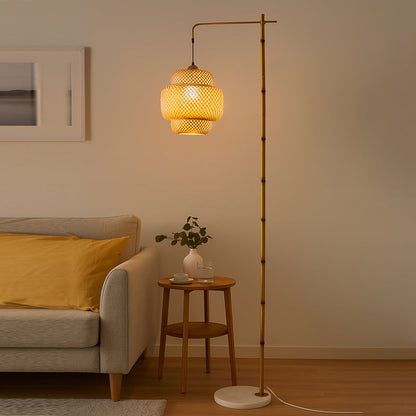 Traditional Rustic Lantern Metal Marble Bamboo Weaving 1-Light Standing Floor Lamp For Bedroom