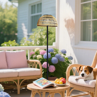 Traditional Rustic Waterproof Solar Mushroom Iron Rubber Rattan Weaving USB Outdoor LED Standing Floor Lamp For Garden