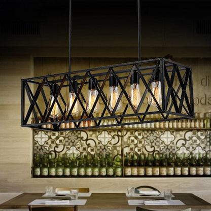 Contemporary Industrial Rectangular Iron 4/6-Light Chandelier For Dining Room