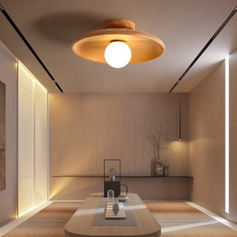 Modern Minimalist Round Solid Wood 1-Light Semi-Flush Mount Ceiling Light For Entryway