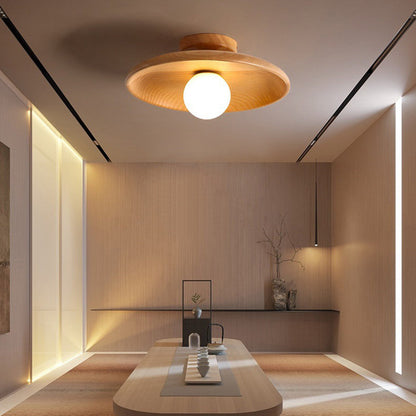 Modern Minimalist Round Solid Wood 1-Light Semi-Flush Mount Ceiling Light For Entryway