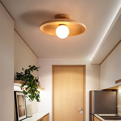Modern Minimalist Round Solid Wood 1-Light Semi-Flush Mount Ceiling Light For Entryway