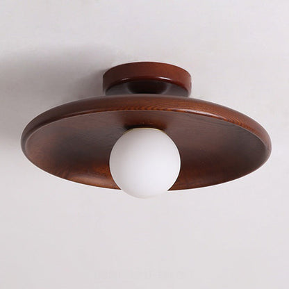 Modern Minimalist Round Solid Wood 1-Light Semi-Flush Mount Ceiling Light For Entryway
