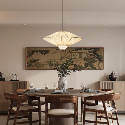 Traditional Vintage Rhombus Metal Fabric Crystal 3/4-Light Liftable Pendant Light For Dining Room