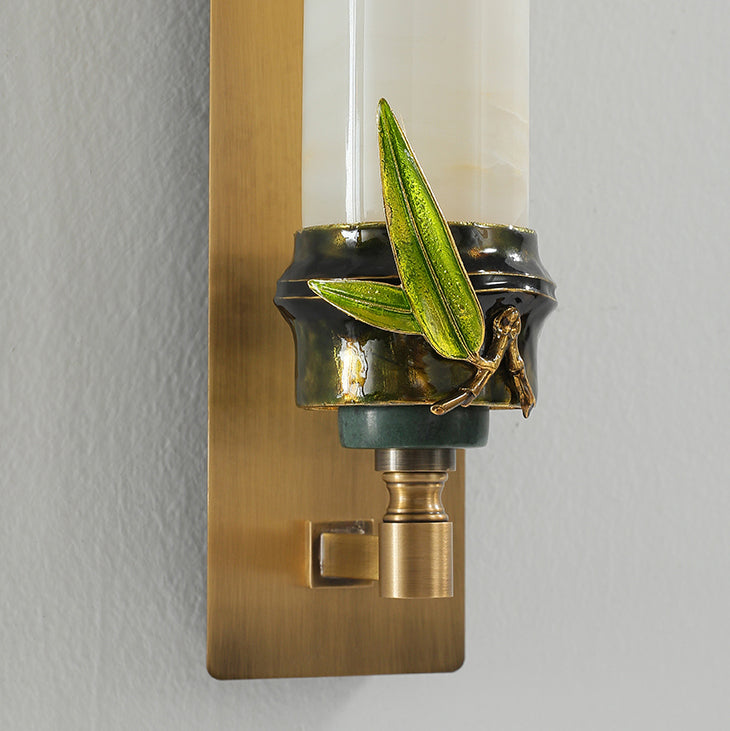 Traditional Chinese Cylindrical Brass Jade LED Wall Sconce Lamp For Entryway