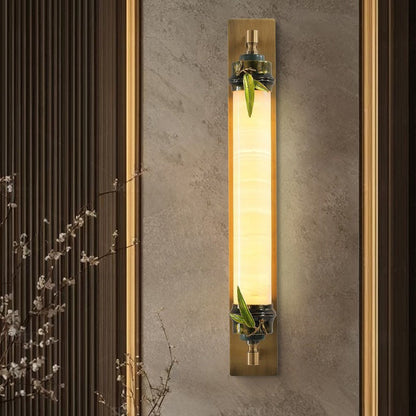 Traditional Chinese Cylindrical Brass Jade LED Wall Sconce Lamp For Entryway