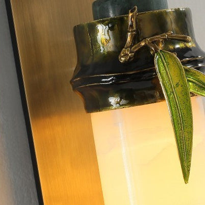 Traditional Chinese Cylindrical Brass Jade LED Wall Sconce Lamp For Entryway