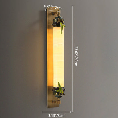 Traditional Chinese Cylindrical Brass Jade LED Wall Sconce Lamp For Entryway