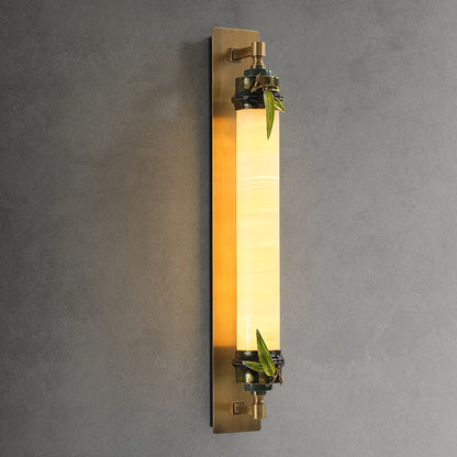 Traditional Chinese Cylindrical Brass Jade LED Wall Sconce Lamp For Entryway