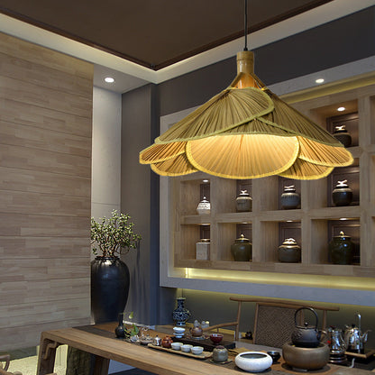 Traditional Rustic Hat Bamboo 1-Light Pendant Light For Dining Room