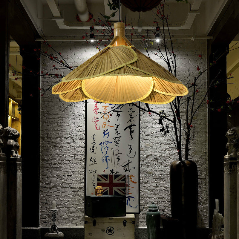Traditional Rustic Hat Bamboo 1-Light Pendant Light For Dining Room