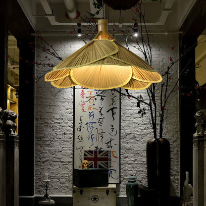 Traditional Rustic Hat Bamboo 1-Light Pendant Light For Dining Room