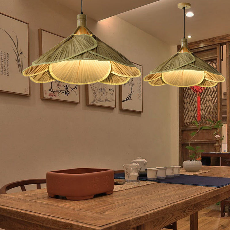 Traditional Rustic Hat Bamboo 1-Light Pendant Light For Dining Room