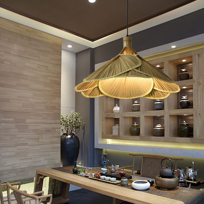 Traditional Rustic Hat Bamboo 1-Light Pendant Light For Dining Room