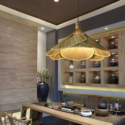 Traditional Rustic Hat Bamboo 1-Light Pendant Light For Dining Room