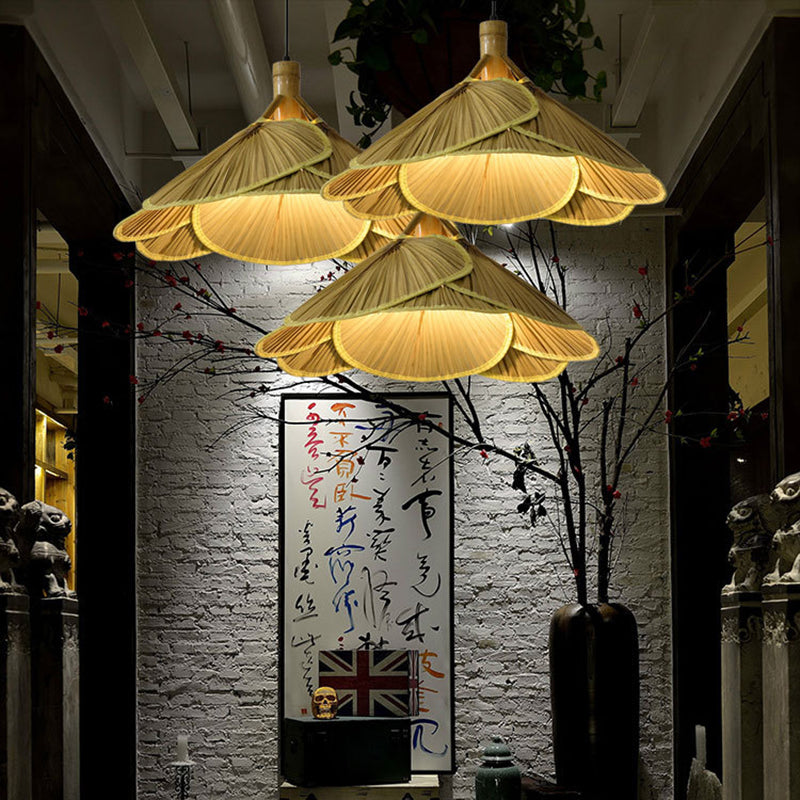 Traditional Rustic Hat Bamboo 1-Light Pendant Light For Dining Room