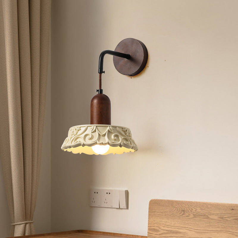 Traditional Vintage Carved Geometric Shape Resin Solid Wood 1-Light Wall Sconce Lamp For Bedroom