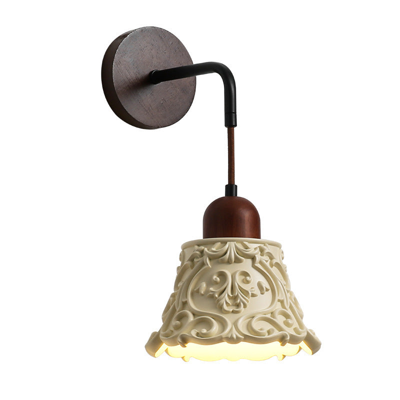 Traditional Vintage Carved Geometric Shape Resin Solid Wood 1-Light Wall Sconce Lamp For Bedroom