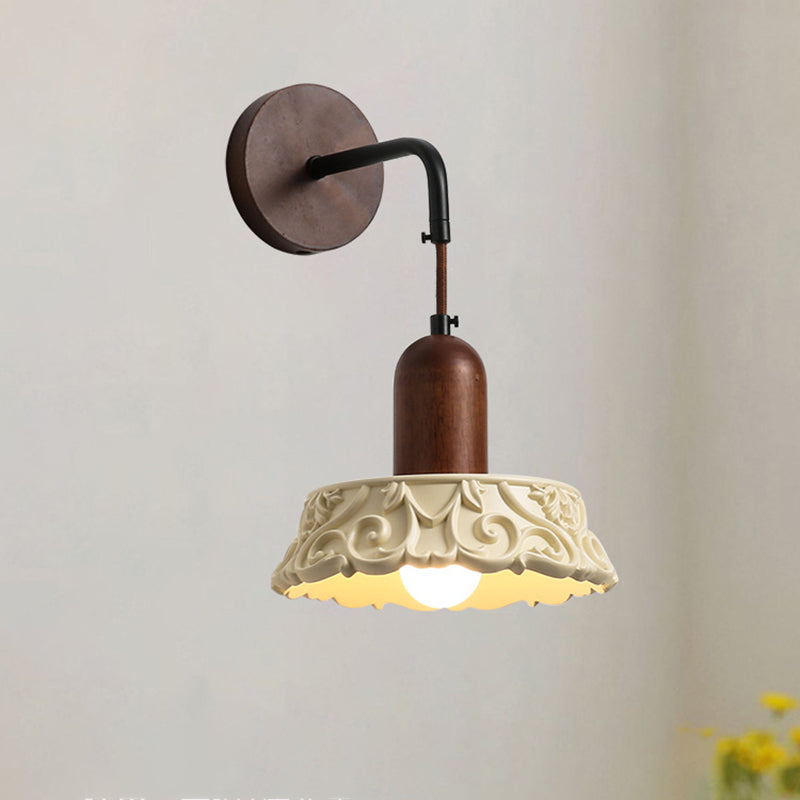 Traditional Vintage Carved Geometric Shape Resin Solid Wood 1-Light Wall Sconce Lamp For Bedroom