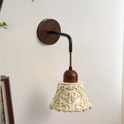 Traditional Vintage Carved Geometric Shape Resin Solid Wood 1-Light Wall Sconce Lamp For Bedroom