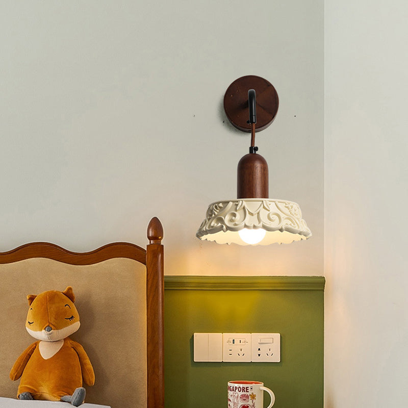 Traditional Vintage Carved Geometric Shape Resin Solid Wood 1-Light Wall Sconce Lamp For Bedroom
