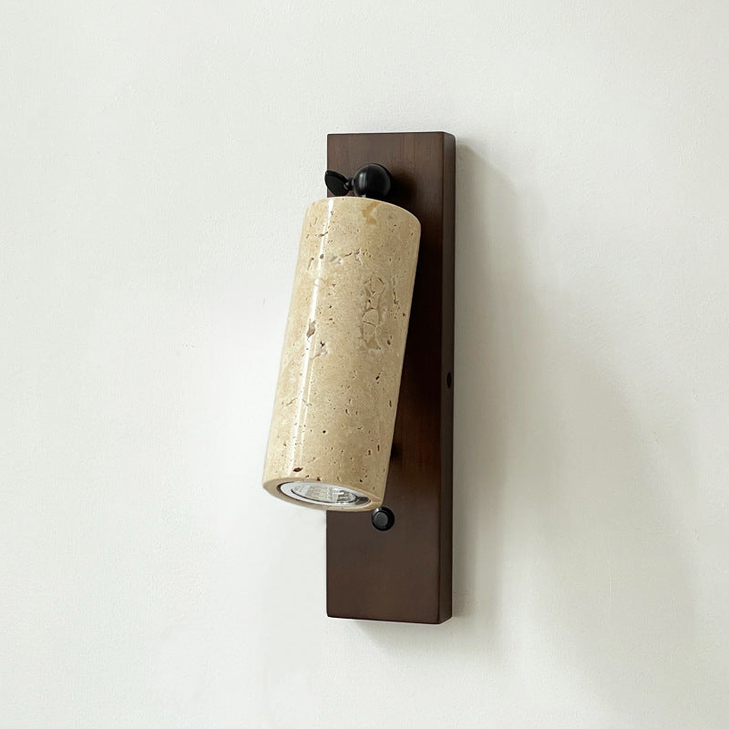 Traditional Vintage Cylindrical Solid Wood Yellow Travertine Iron 1-Light Wall Sconce Lamp For Bedroom