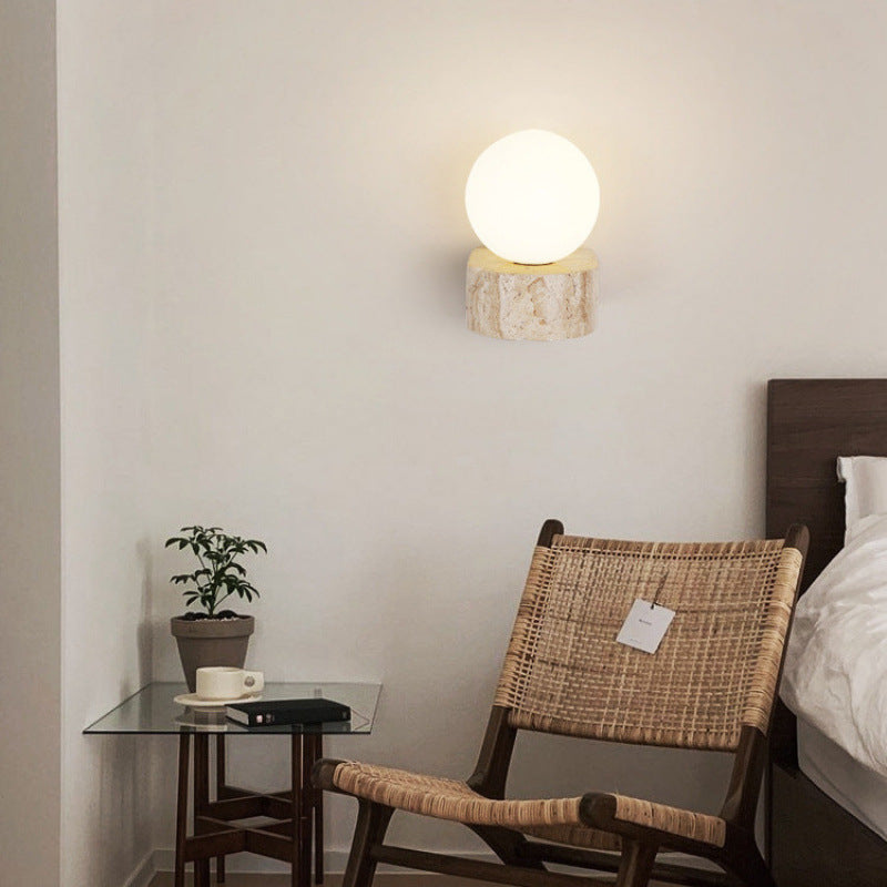 Modern Simplicity Round Square Yellow Travertine Glass 1/2-Light Wall Sconce Lamp For Bedroom