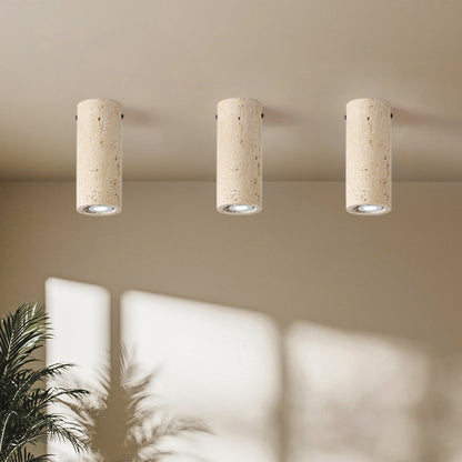 Modern Minimalist Cylindrical Yellow Travertine Iron 1-Light Flush Mount Ceiling Light For Entryway